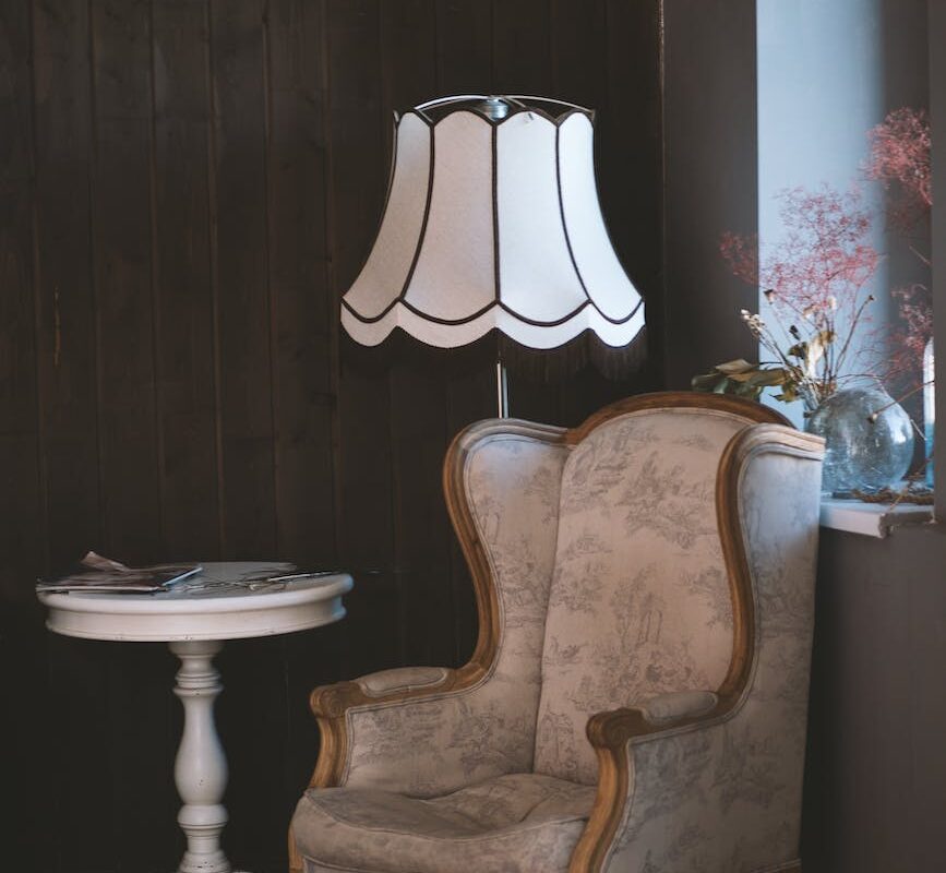 brown and white armchair