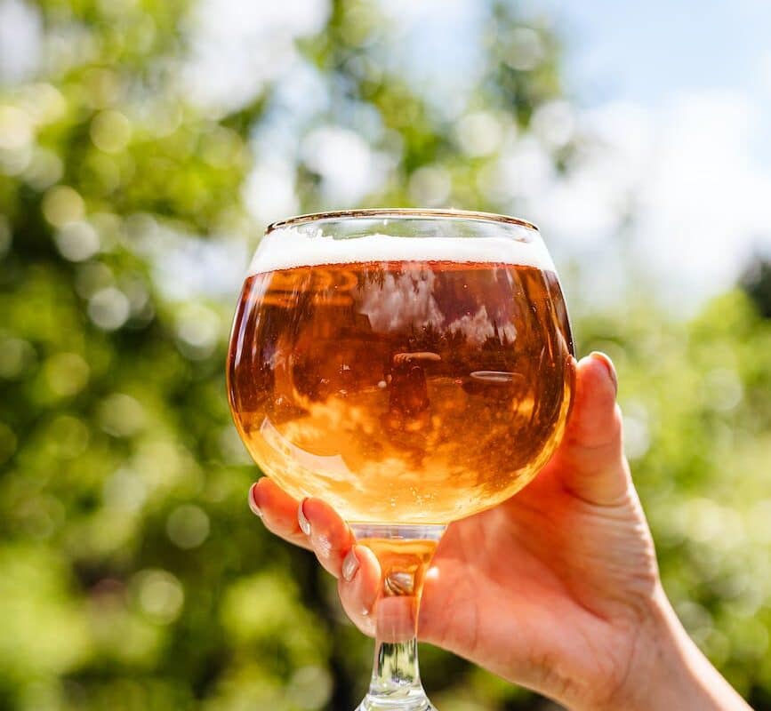 hand holding a glass full of beer