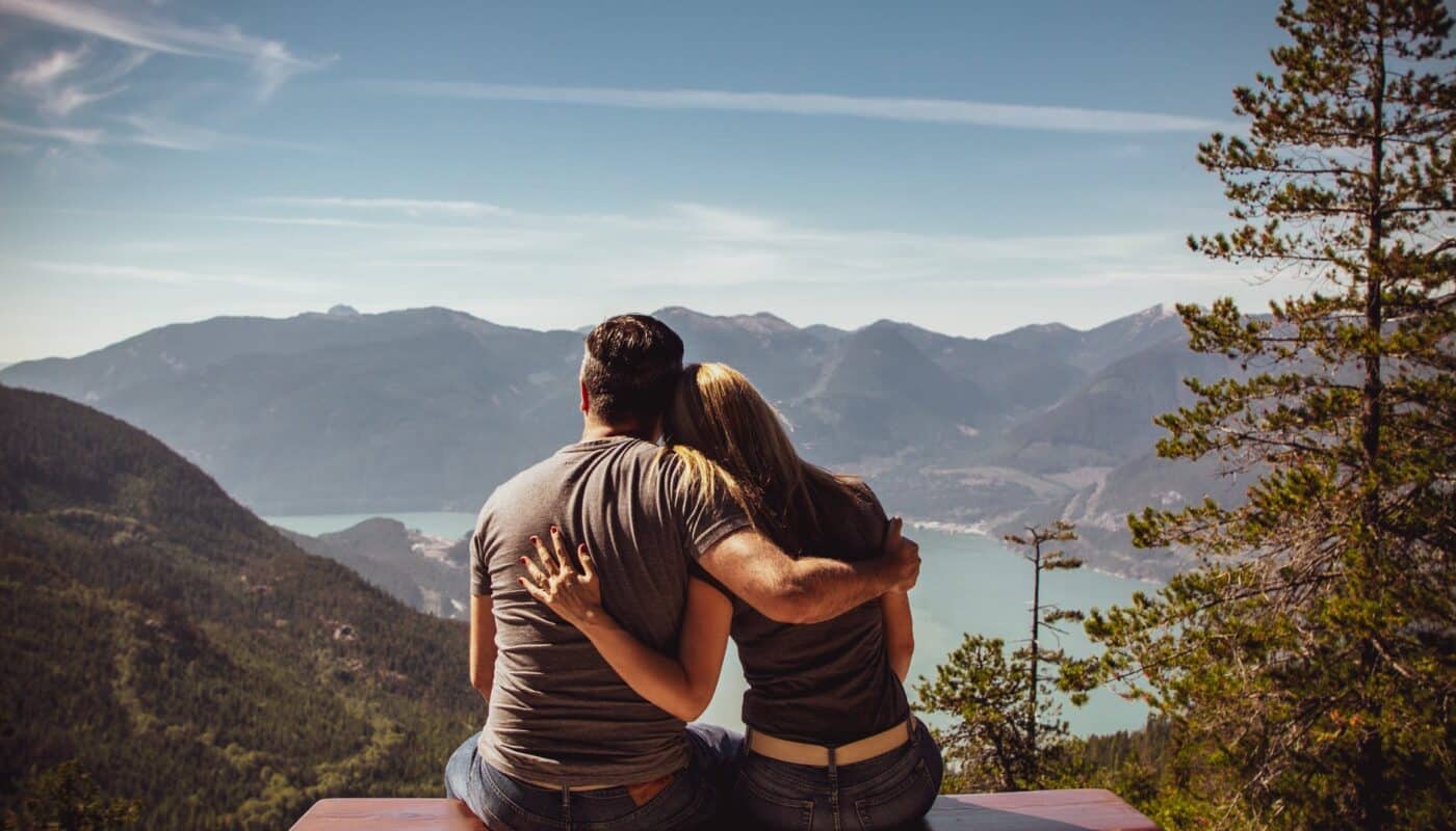 man and woman sitting on bench